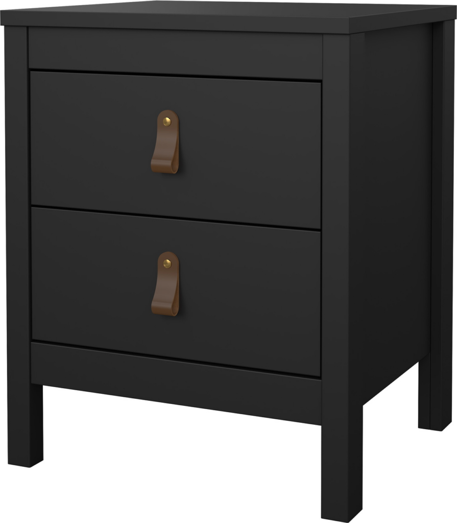 Sengebord/natbord Vesterholm Lunor - mat sort, 2 skuffer, lædergreb, FSC-certificeret, danskproduceret, H54ÃB44ÃD38 cm